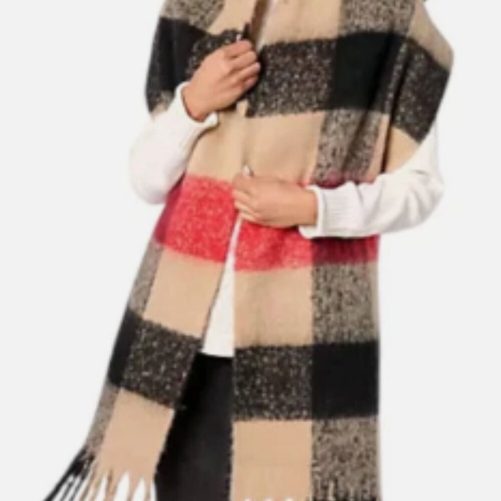 Sprigs 93X14" Oversized Check Fringe Scarf Camel/Red OS A1
